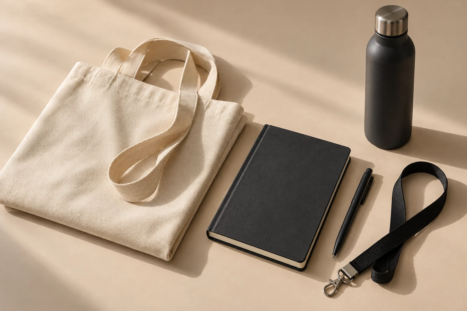 Przykładowy welcome pack: torba ecru, czarny notes, długopis, smycz i butelka